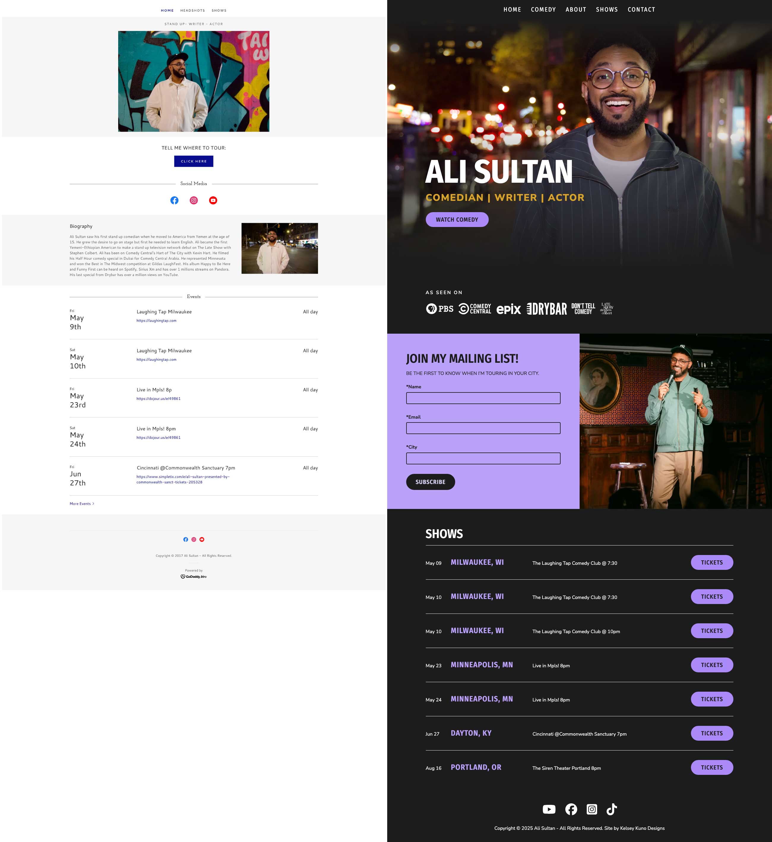 A side by side comparison of Ali's old site to Ali's new site.