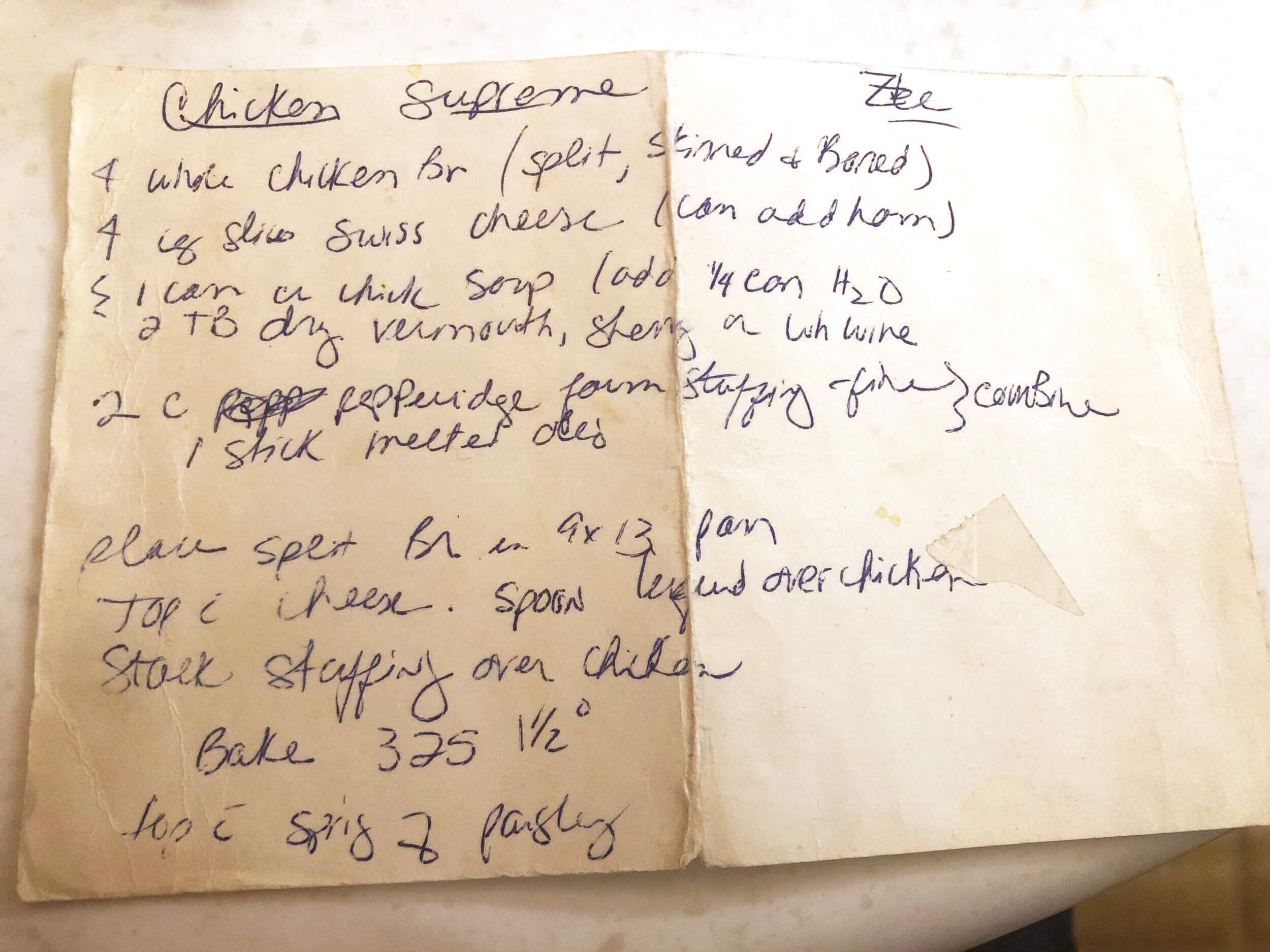 A hand-written family recipe card.