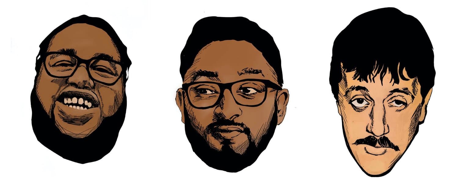 Illustrated faces of podcast hosts.